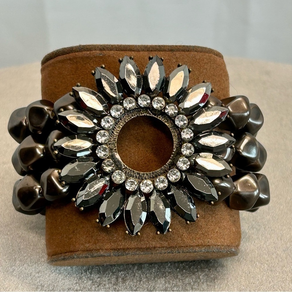 Dark charcoal grey chrome coloured beaded crystal rhinestone flower bracelet